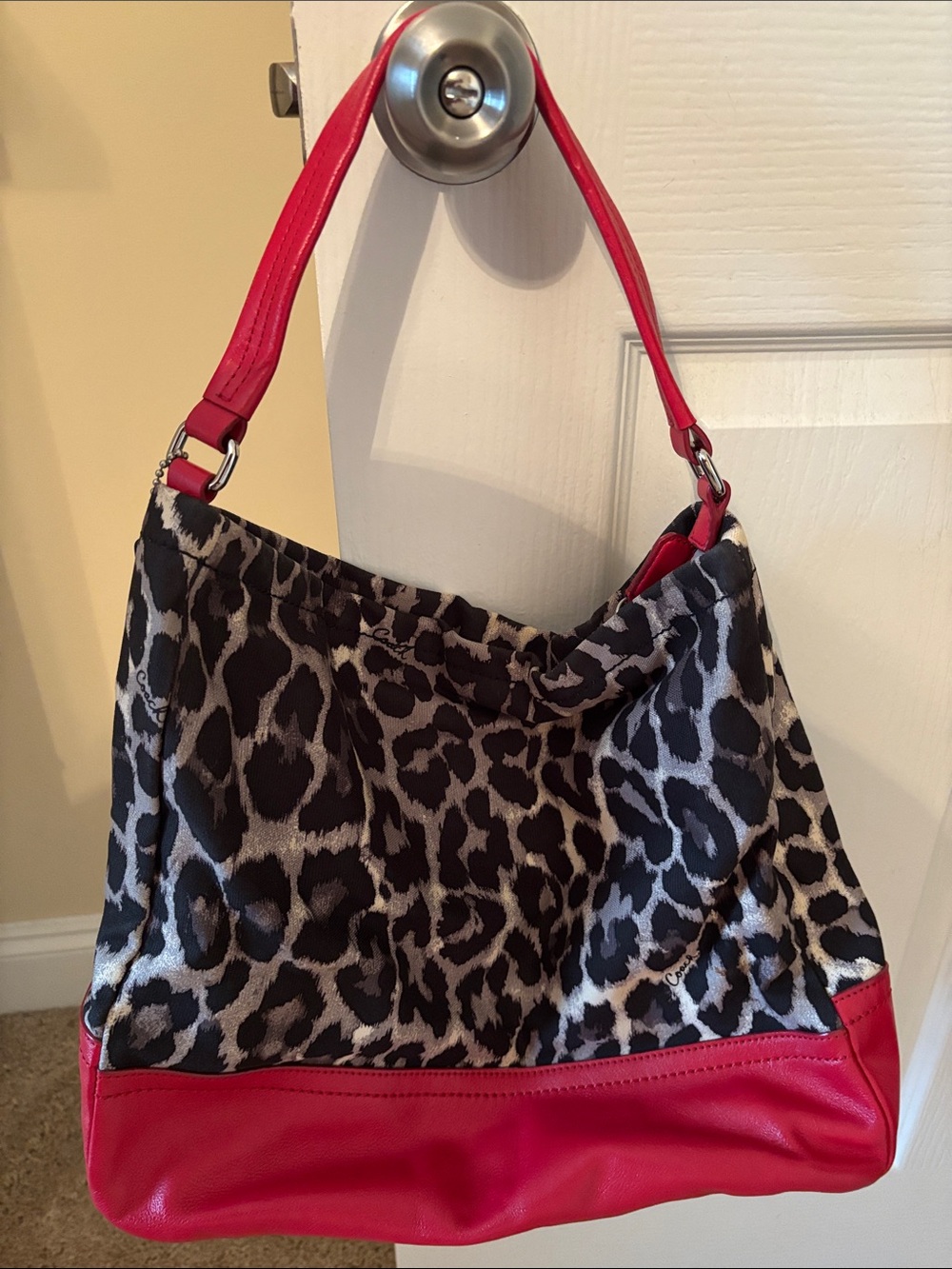 Coach Leopard Print Hobo Bag with Red Trim